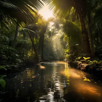 Sunlit jungle oasis with towering palms and reflective stream - Image 1