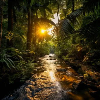 Sunlit jungle oasis with towering palms and reflective stream - Image 3