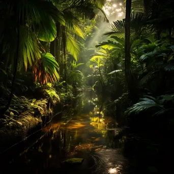 Sunlit jungle oasis with towering palms and reflective stream - Image 4