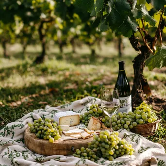 Cozy vineyard picnic with wine, cheese, and grapes. - Image 1