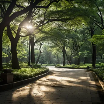 Park with luminous digital grids on pathways under sunlight, captured with an Olympus OM-D E-M1X. - Image 1