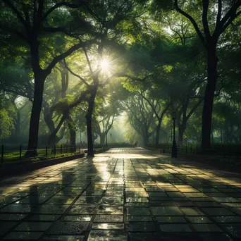 Park with luminous digital grids on pathways under sunlight, captured with an Olympus OM-D E-M1X. - Image 2