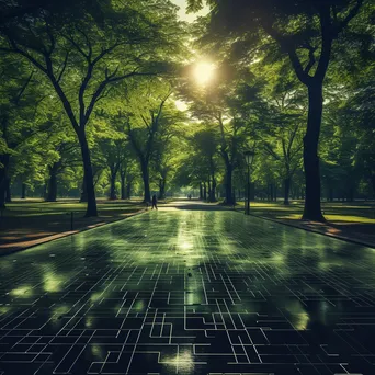 Park with luminous digital grids on pathways under sunlight, captured with an Olympus OM-D E-M1X. - Image 3