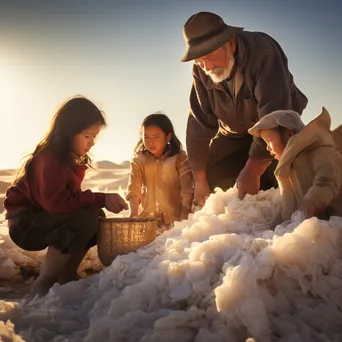 Family engaged in traditional salt harvesting process - Image 1