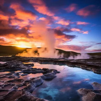 Geothermal landscape at sunrise with colorful steam and sky. - Image 1