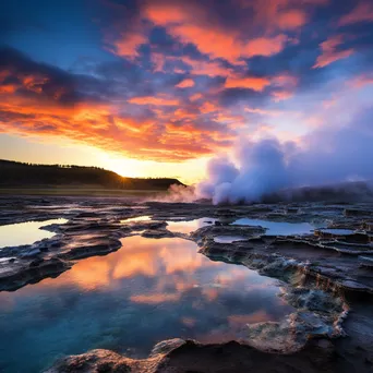 Geothermal landscape at sunrise with colorful steam and sky. - Image 2