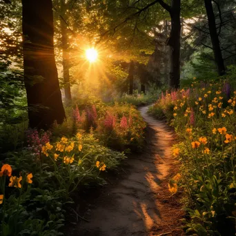 Woodland path lined with vibrant wildflowers during sunset - Image 1