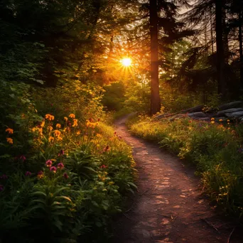 Woodland path lined with vibrant wildflowers during sunset - Image 3