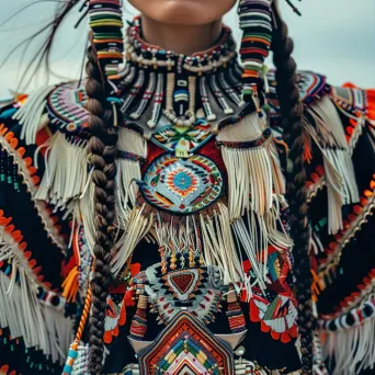 Dancer in Native American Navajo traditional attire with intricately woven textiles at a powwow in the desert. - Image 1