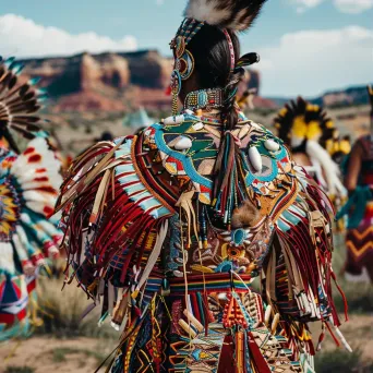 Dancer in Native American Navajo traditional attire with intricately woven textiles at a powwow in the desert. - Image 3