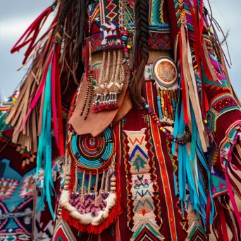 Dancer in Native American Navajo traditional attire with intricately woven textiles at a powwow in the desert. - Image 4