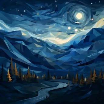 Low Poly starry night scene with deep navy and silver gradients - Image 1