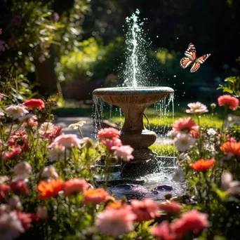 Garden fountain surrounded by blooming daisies and butterflies - Image 1