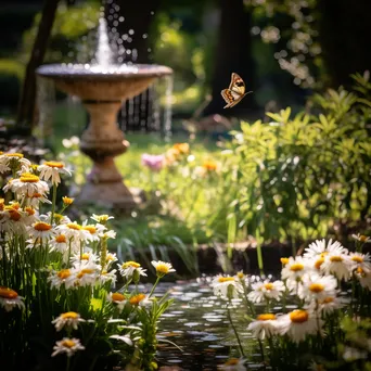 Garden fountain surrounded by blooming daisies and butterflies - Image 2