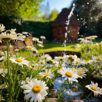 Garden fountain surrounded by blooming daisies and butterflies - Image 3