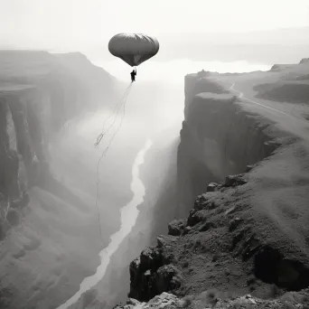 Person standing at edge of cliff with parachute strapped on - Image 1