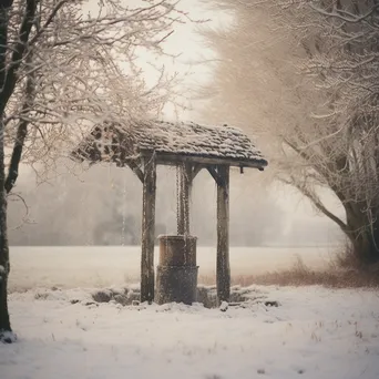 Traditional well amid snow-covered fields in winter - Image 1