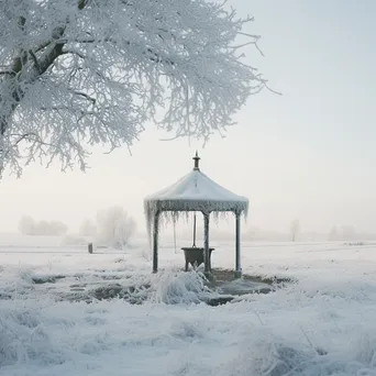 Traditional well amid snow-covered fields in winter - Image 3