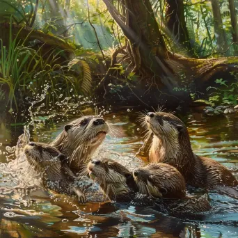 Family of playful otters splashing in a crystal-clear river - Image 2