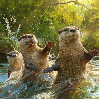 Family of playful otters splashing in a crystal-clear river - Image 3