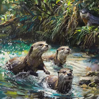 Family of playful otters splashing in a crystal-clear river - Image 4