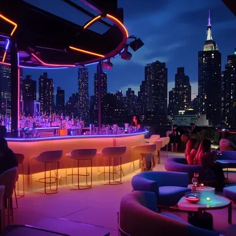 Stylish rooftop bar at night with neon accents - Image 1