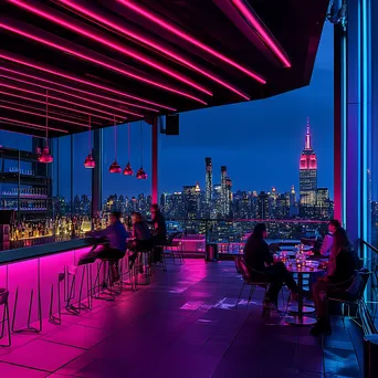 Stylish rooftop bar at night with neon accents - Image 3