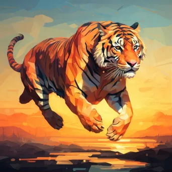 Geometric representation of a leaping tiger in sunset hues in low poly style - Image 1