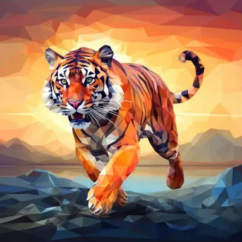 Geometric representation of a leaping tiger in sunset hues in low poly style - Image 3