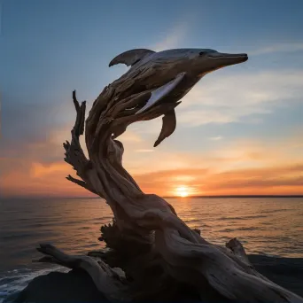 Leap of a dolphin sculpture made of driftwood against a sunset, reflecting Giacometti