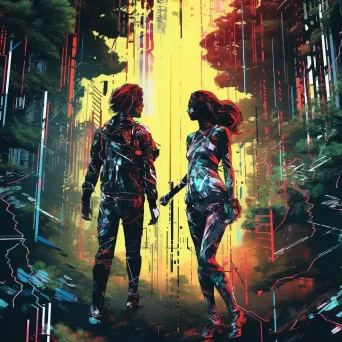 Contemporary digital artwork of Apollo and Daphne with vibrant cyberpunk influences - Image 1