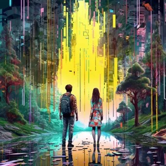 Contemporary digital artwork of Apollo and Daphne with vibrant cyberpunk influences - Image 4