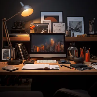 Modern office supplies arranged on a sleek black desk in warm light - Image 1