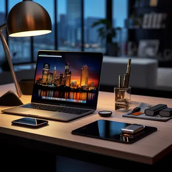 Modern office supplies arranged on a sleek black desk in warm light - Image 3