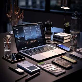 Modern office supplies arranged on a sleek black desk in warm light - Image 4