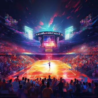 Basketball court activity with players and fans under stadium lights - Image 2