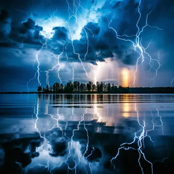 Lightning illuminating the night sky above a serene lake. - Image 3