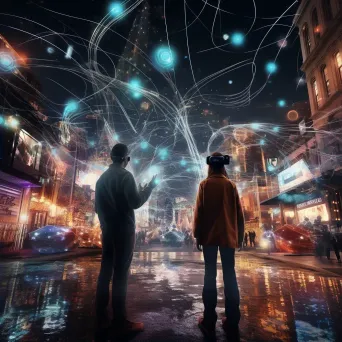 Dynamic artwork illustrating a bustling virtual reality metropolis, lit by Gaussian blur streetlights with motion blurred digital denizens - Image 2