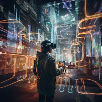 Dynamic artwork illustrating a bustling virtual reality metropolis, lit by Gaussian blur streetlights with motion blurred digital denizens - Image 4