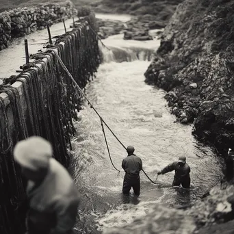 Fishermen using a traditional weir in a river - Image 3