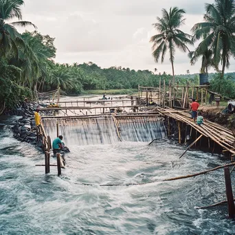 Fishermen using a traditional weir in a river - Image 4