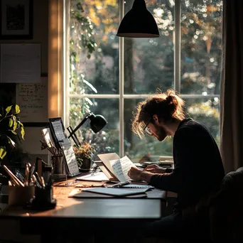 Freelancer organizing notes at a desk with window light - Image 1