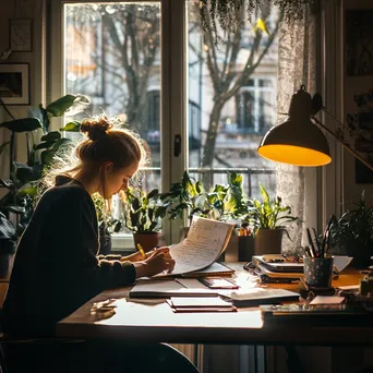 Freelancer organizing notes at a desk with window light - Image 3