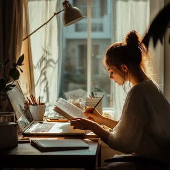 Freelancer organizing notes at a desk with window light - Image 4