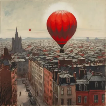 Vibrant red balloon soaring high above a monochrome cityscape - Image 2