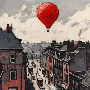 Vibrant red balloon soaring high above a monochrome cityscape - Image 3