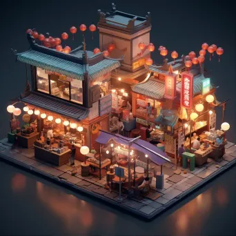 Isometric low poly night market bustling with activity - Image 1