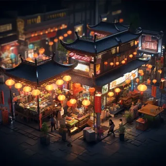 Isometric low poly night market bustling with activity - Image 3