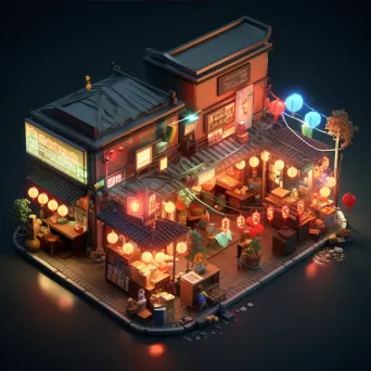 Isometric low poly night market bustling with activity - Image 4