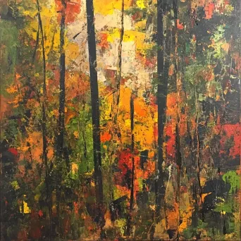 Mixed media acrylic art of an autumn transitioning deciduous forest - Image 2